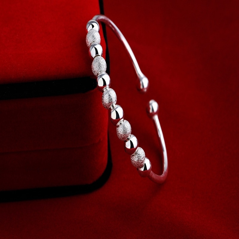 Fine Silver Color Lucky Beads Bangle cute Pulseira Open Cuff Bracelet Bangles For Women Jewelry pulceras y brazaletes mujer