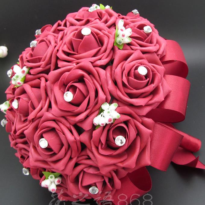 in stock Gorgeous Burgundy Handmade Wedding flowers White Bridesmaid Bridal Bouquets artificial Rose Wedding Bouquet: Burgundy