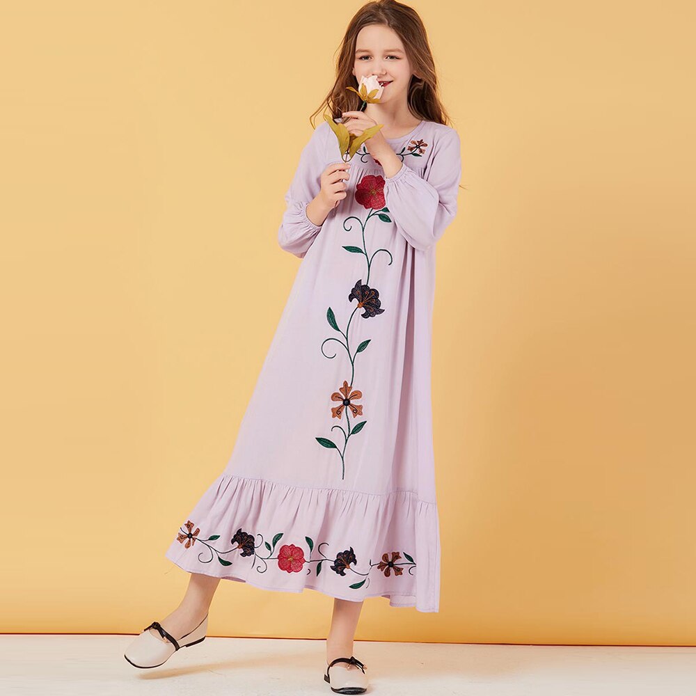 ODIZLI Kids Girls Muslim Abaya Maxi Dress Long Sleeve Snap Fastening