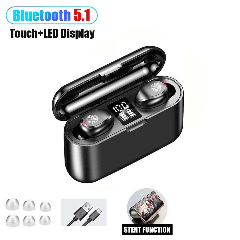 F9 trådløse hovedtelefoner bluetooth 5.1 øretelefoner tws hifi mini in-ear sports løbe headset support ios/android telefoner hd opkald: F9-2 tryk på  bt 5.1