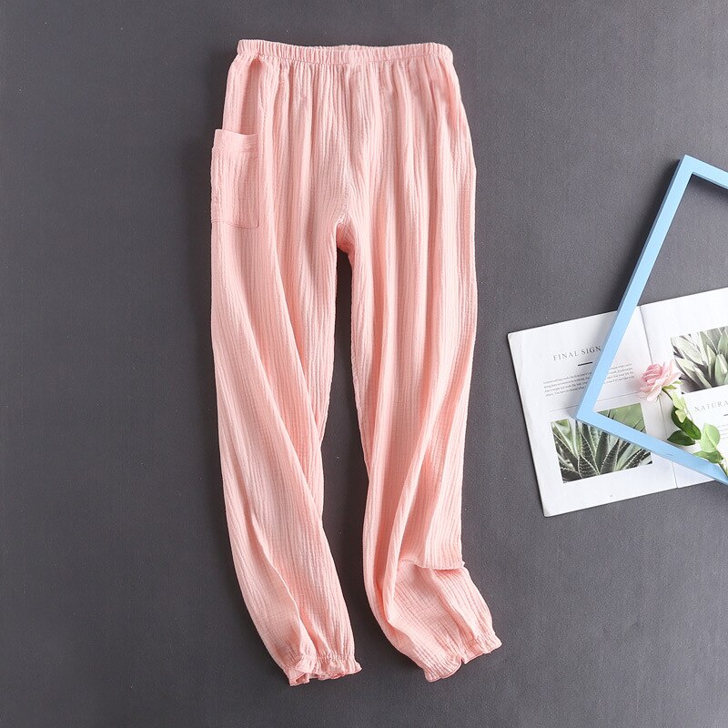 Pantalones de dormir de crepé de algodón para mujer, ropa de dormir de color sólido, pantalones de dormir de cintura elástica, pantalones de noche de salón, novedad de otoño: Rosa / XL