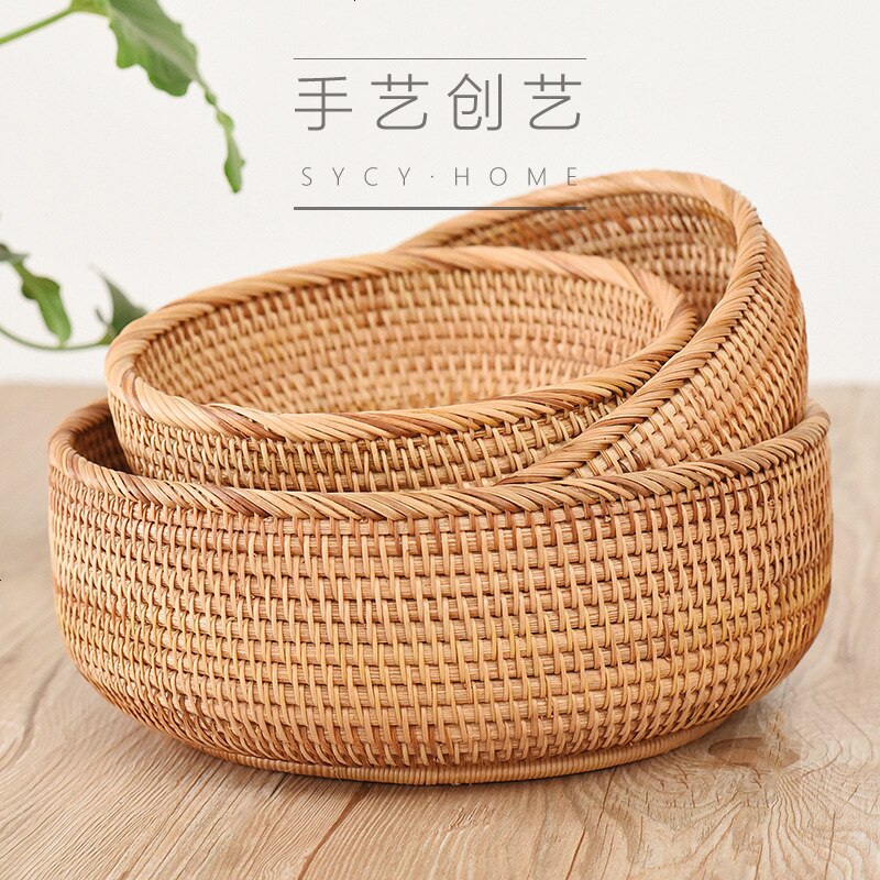Cesta de mimbre para almacenamiento de frutas, pan, verduras, cestas de ratán Natural, cuencos redondos para llaves, mesa de cocina apilable, encimera de despensa
