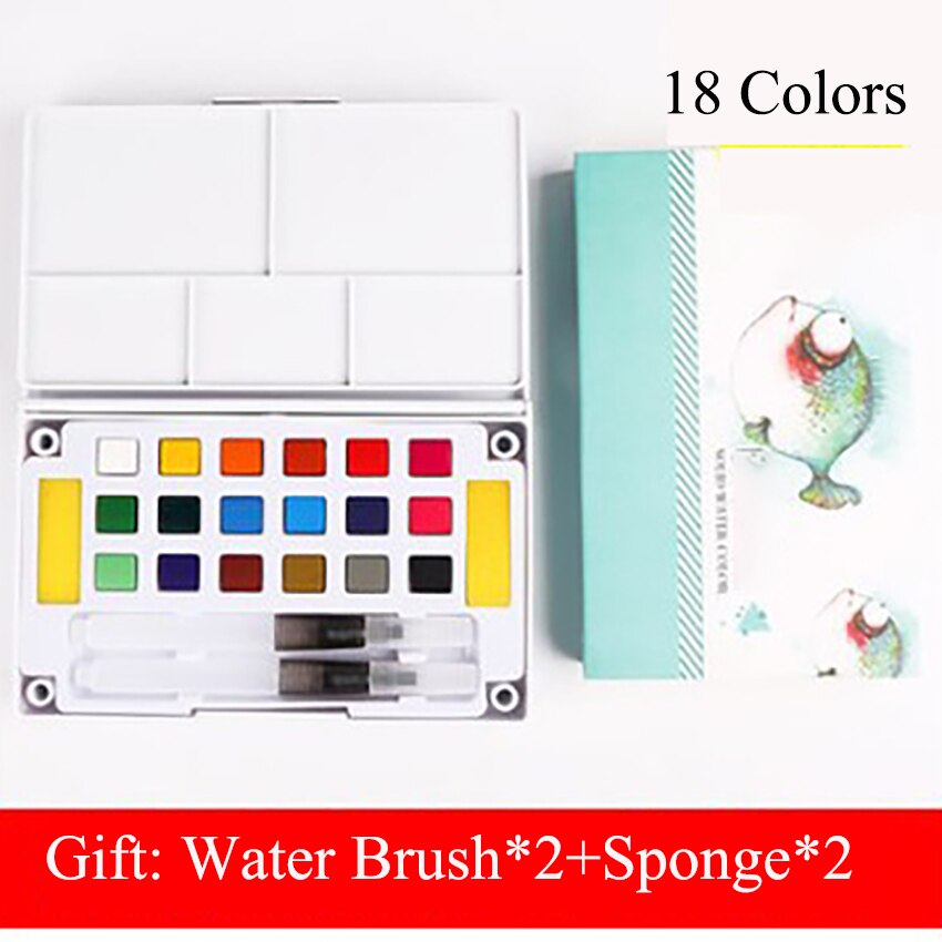 12/18/24/36 farver bærbar solid akvarel maling håndmalet akvarel pigment med akvarel pensel svamp til studerende kunst: 18 farver