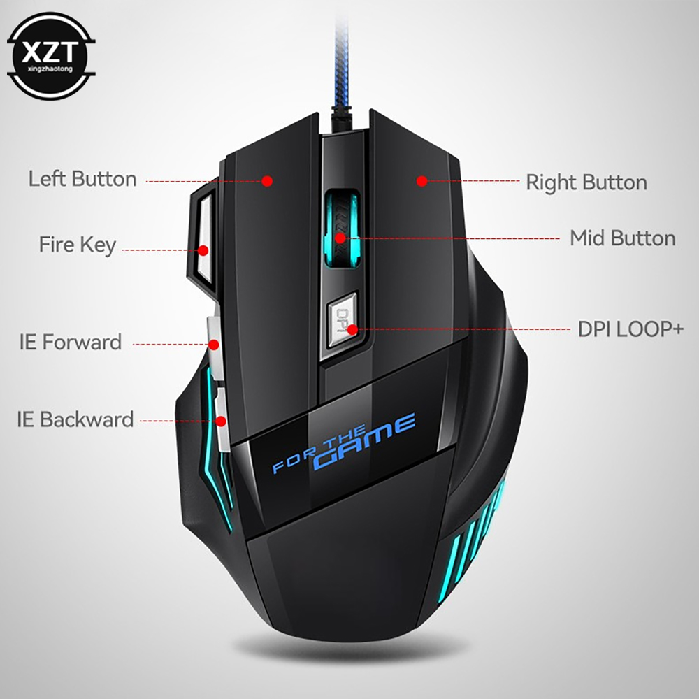 Wired Gaming Mouse 7 Button Ergonomic USB Optical Mice 5500 DPI Backlight Adjustable for PC Gamer Computer Desktop