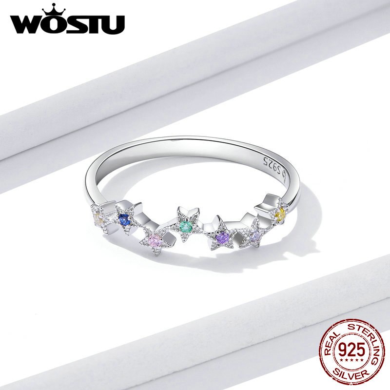 925 Sterling Silber Ringe WOSTU Neue Stapelbar Bunte Sterne kubisch Zirkon Frauen Finger Ring für Frauen Schmuck FNR133