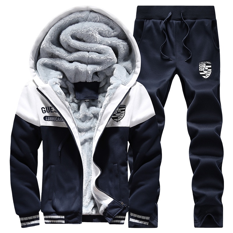 Winter trainingspak fleece hoodies heren casual hardloopsets warme sweatshirts heren dikker sportkleding 2pc jas + broek