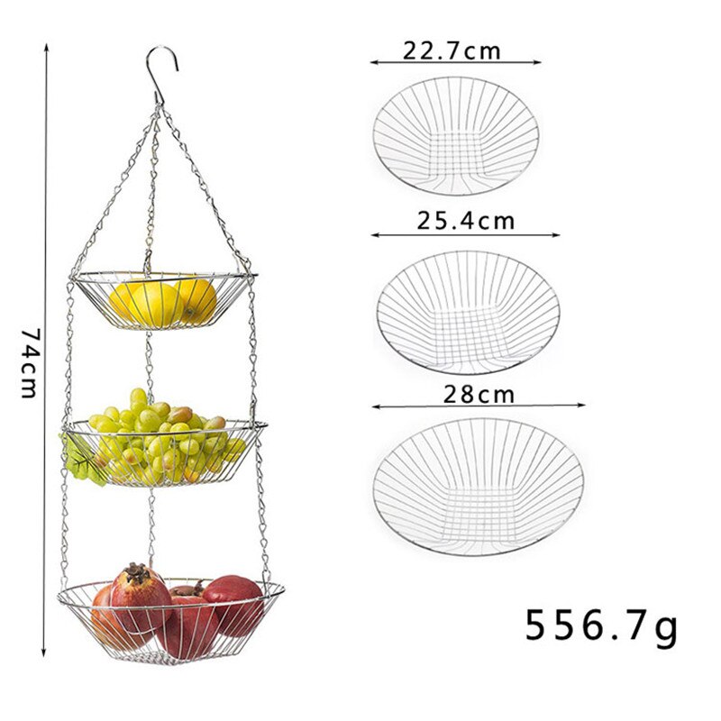 1pc 3 Tiered Hanging Fruit Baskets - Adjustable Chrome Wire Produce Storage Bowls: Default Title