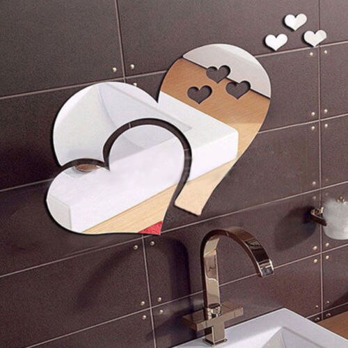 Pegatinas creativas de espejo en forma de corazón 3D, pegatinas de pared extraíbles para espejos, pegatinas de pared DIY, sala de estar Decoración Para, decoraciones para el hogar, decoración atística de pared: silver