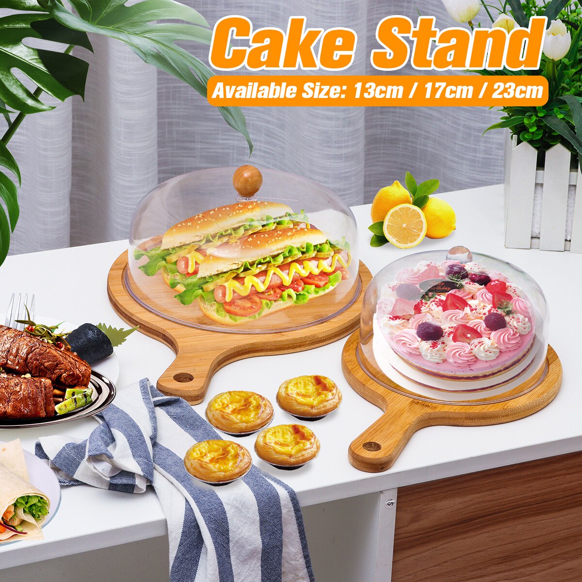Transparent Acrylic Round Cake Stand Bamboo Tray Dust Cover Food Cover Dessert Display Stand For Weddings Birthday Decor 3 Size