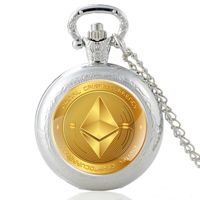 Digit Cryptocurrency Ethereum Glas Cabochon Quartz Zakhorloge Vintage Mannen Vrouwen Hanger Ketting Horloges: Silver