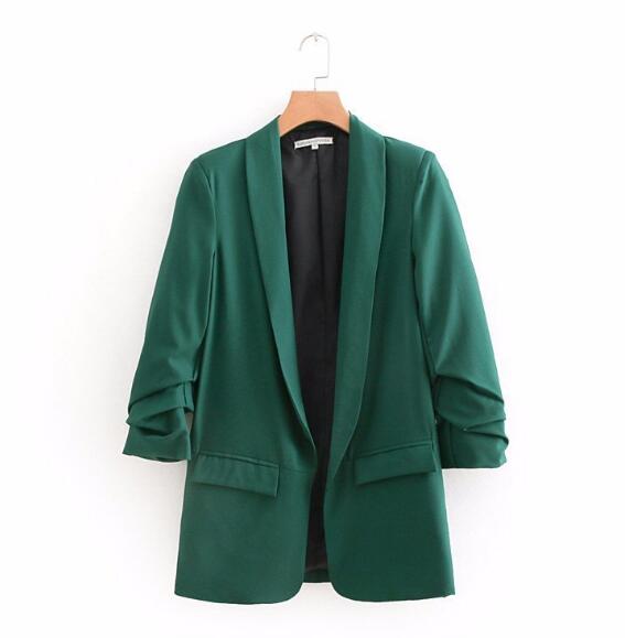 Smart slik ensfarvet ruched manchet mellemlang blazer med foring kvinde sjalkrave slim fit jakkesæt afslappet jakke frakke overtøj