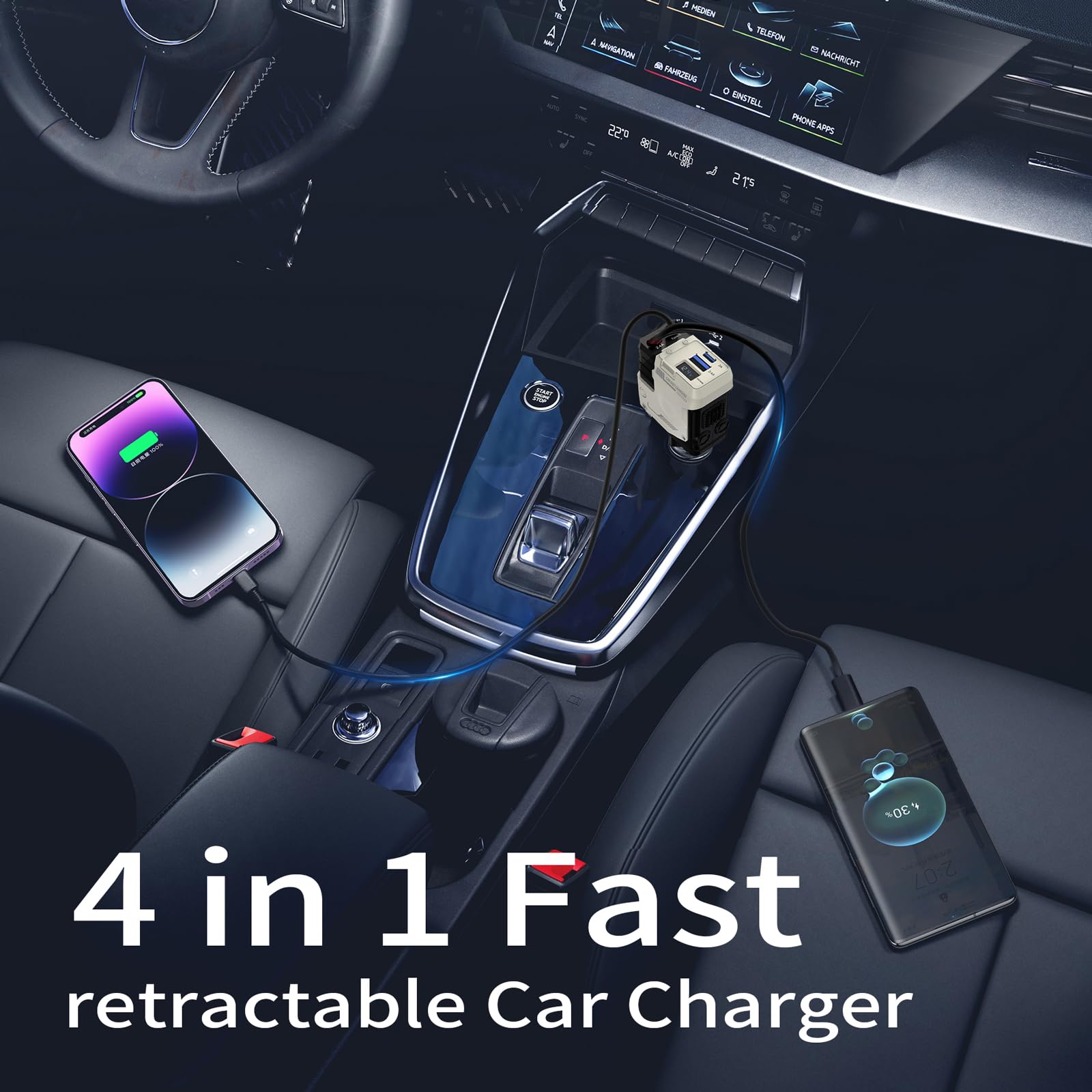 66W USB C Car Charger Adapter, 4-in-1 Retractable Car Charger with 2 USB Ports Car Charger for iPhone 16/15/14/13/12/11 and Andr