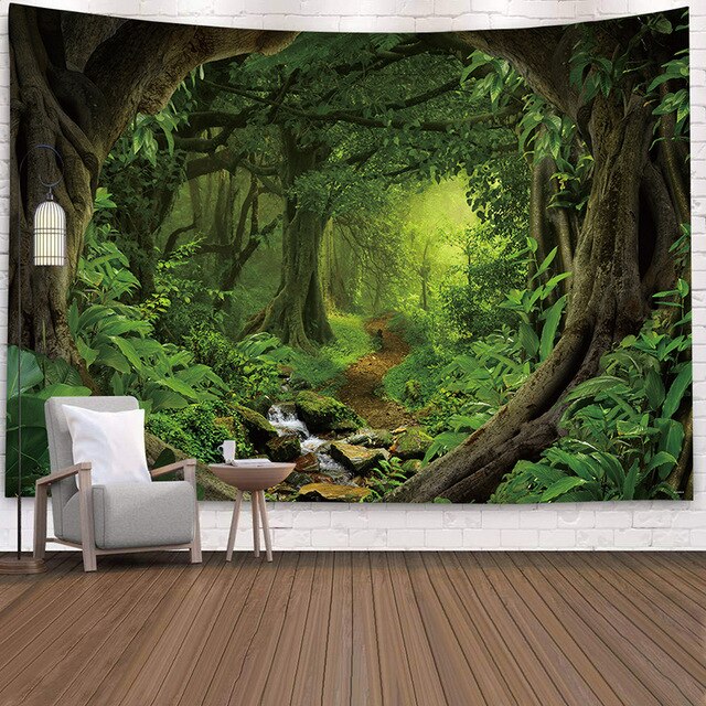 Skov plante landskab gobelin natur sceneri gobelin væg hængende indisk mandala hippie sengetæppe boheme hjem indretning: F