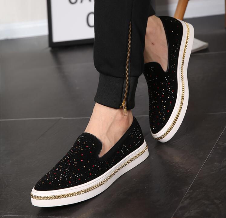 Mocasines con diamantes de imitación para hombre, mocasines con tachuelas, zapatos de fondo grueso, zapatos de de boda, color negro,