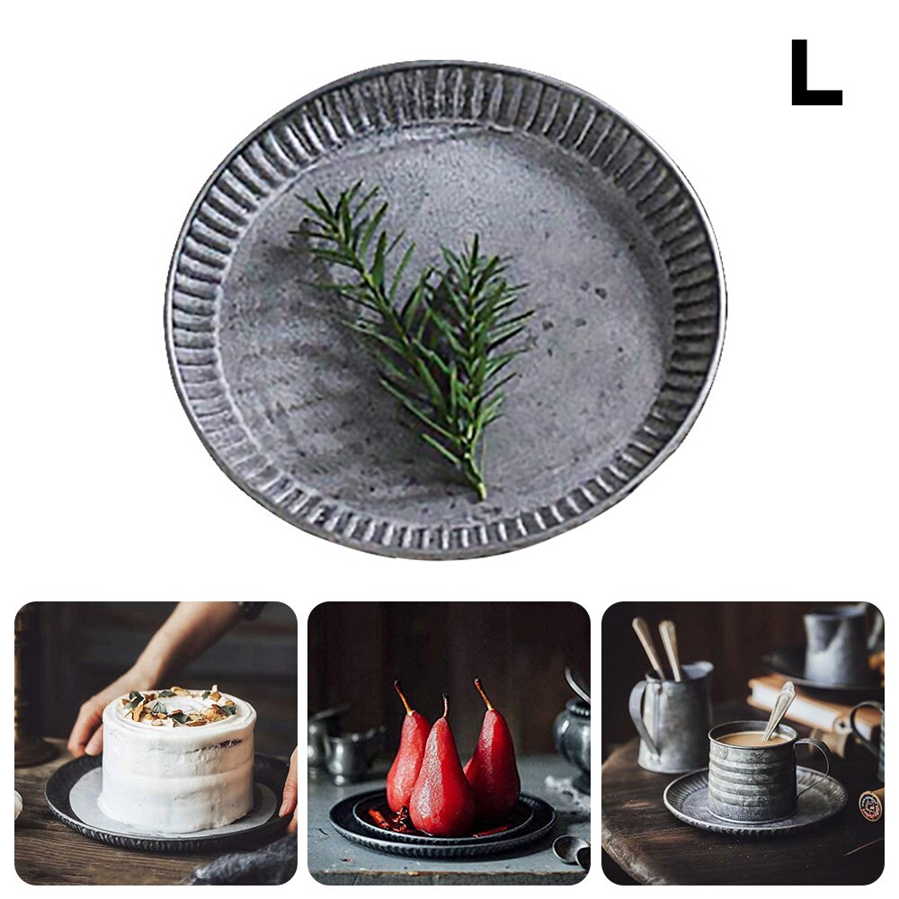 Retro metalplade antik metalbakke rund smedejerns opbevaringsbakke dessertkage tørret frugt tallerken hjem køkkenindretning: L
