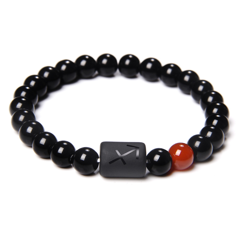 12 Constellation Zodiac Signs Beads Couples Bracelet Natural Black Onyx Stone Elastic Charm Bracelet for Women Men Birthday: brownish yellow
