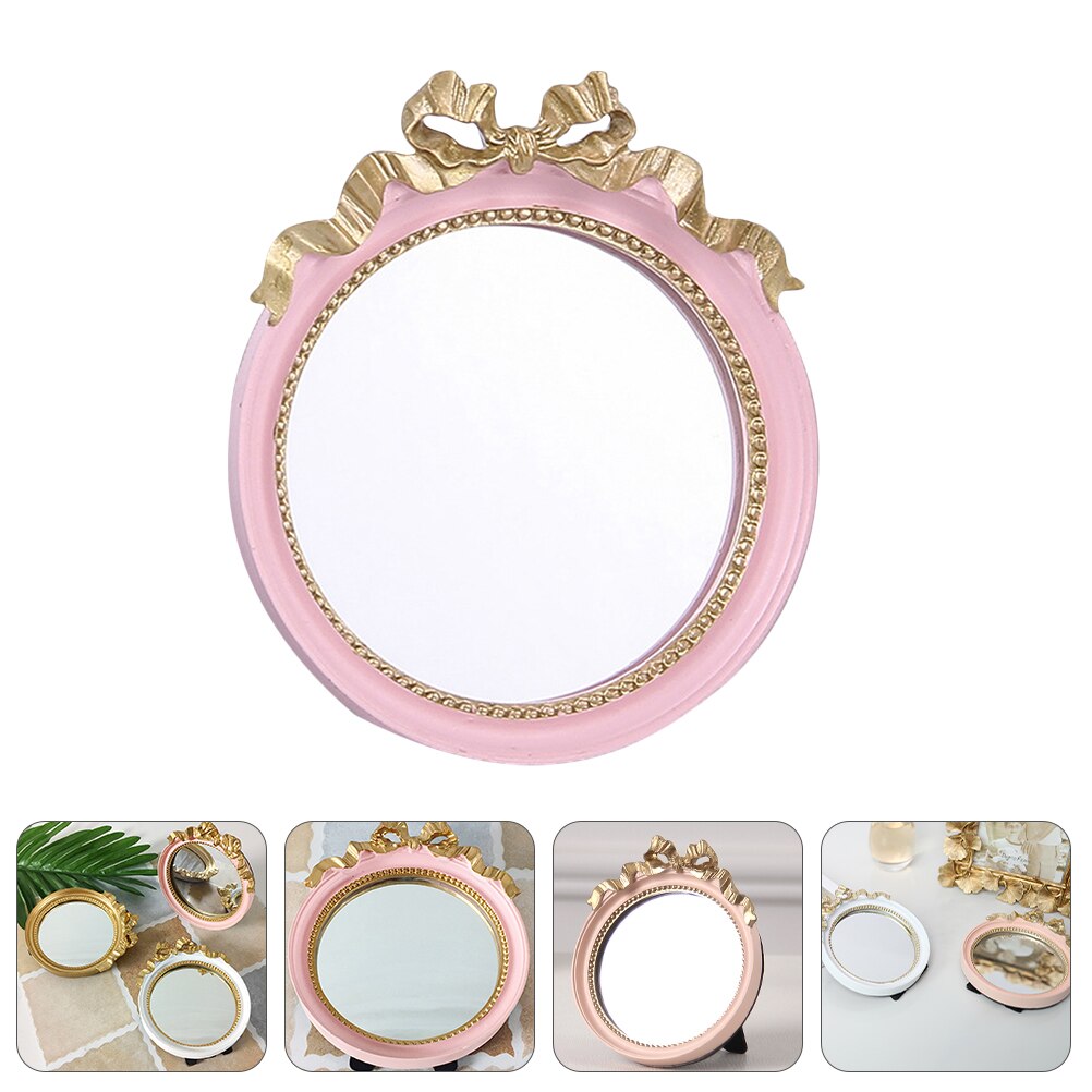 1Pc Resin Mirror Small Mirror Bowknot Mirror Round Make Mirror for Outdoor Trip Home: Pink