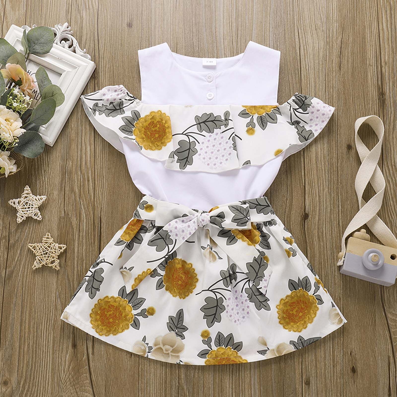 Childern Clothes Toddler Kids Baby Girls Summer Sweet Vest Bow Print Skirt Clothes Set Kids Clothing 2PCS Outfit Set
