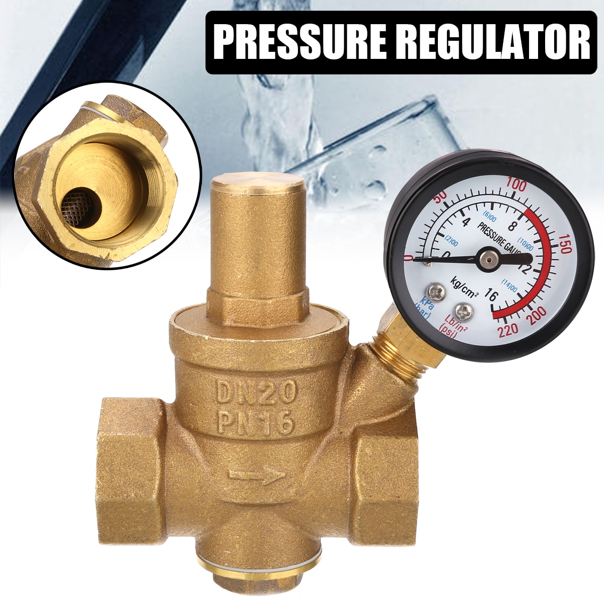 1pc dn20 3/4 &quot; vanntrykkregulator i messing trykkreduksjon justerbar reduksjonsventil med trykkmåler 85*63mm