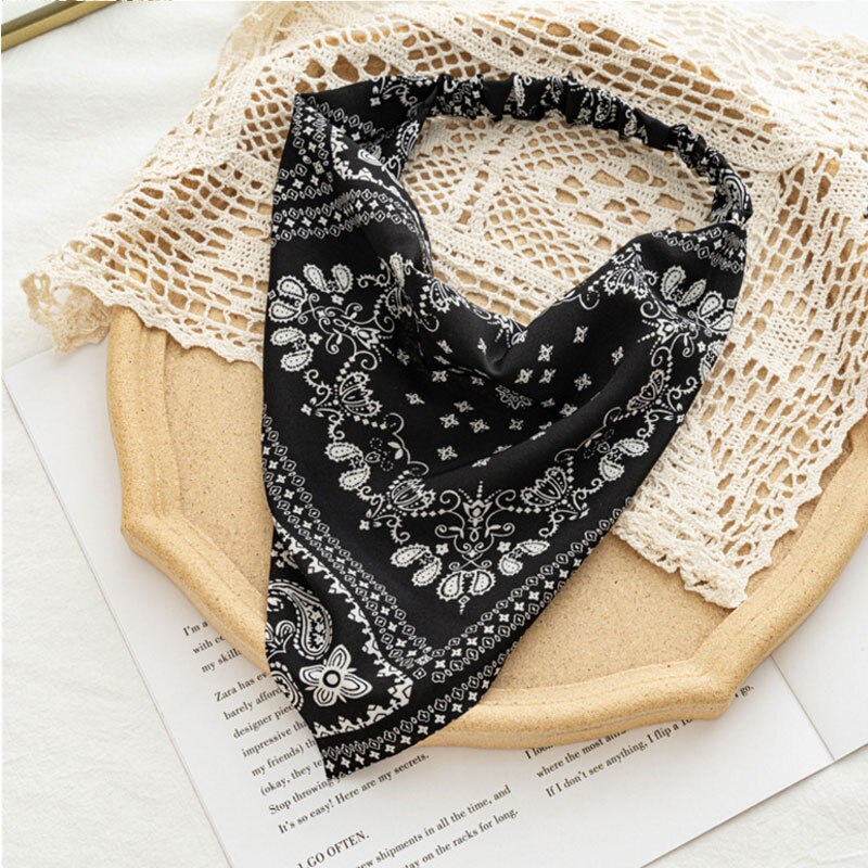 Udskrivning vintage bandana tørklæde trekant hårbånd hår tørklæde voksne kvinder pige hoved slid beklædningsgenstande tilbehør: Sort