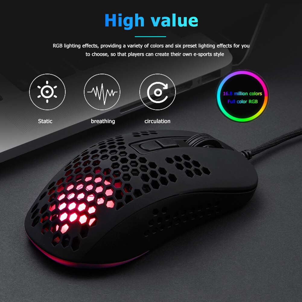 VODOOL 383 Gaming Mouse PAW704 Chip Lightweight Hollow Honeycomb Hole RGB Backlight USB Wired Optical Mice for Computer