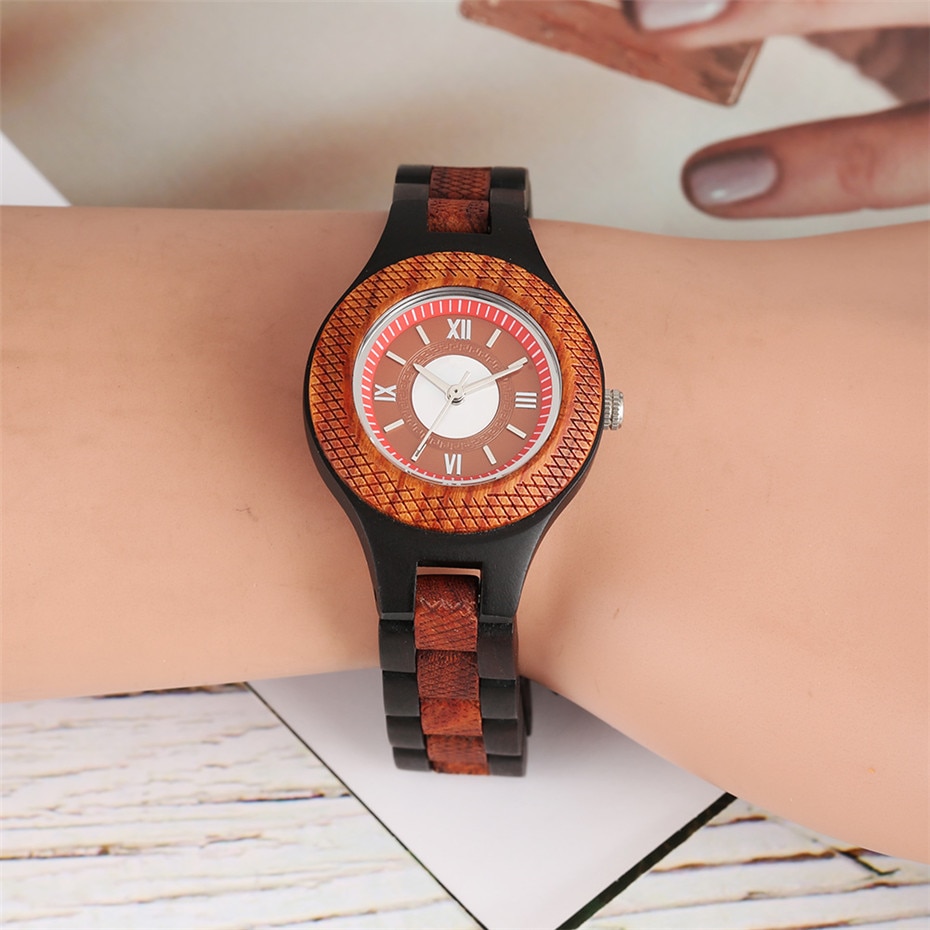 Dameshorloge met kleine wijzerplaat, kwarts, dunne houten band, dameshorloge, armband, rode damesklok voor meisjes