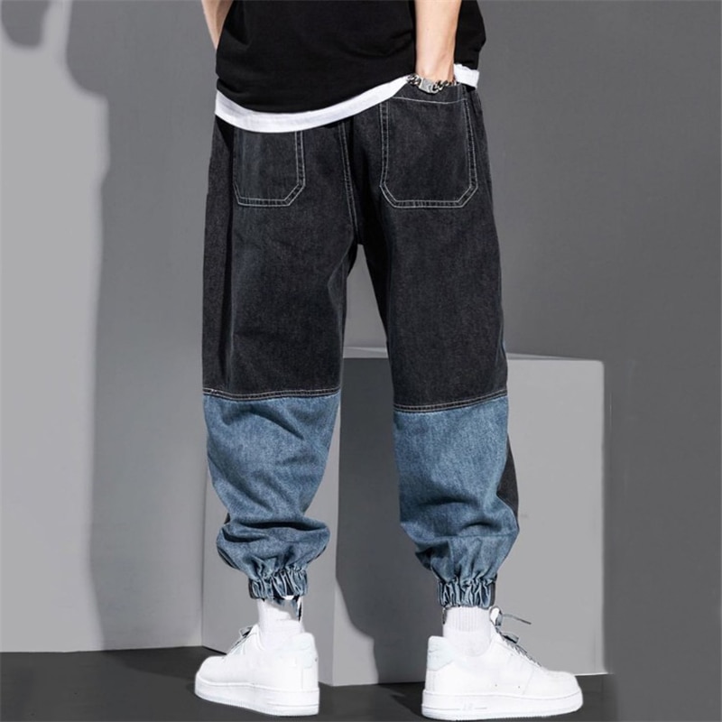 Pantalones Cargo de estilo Hip-Hop para hombre, Vaqueros holgados de cintura elástica, Jeans de retales lavados, ropa de calle de ocio para hombres,