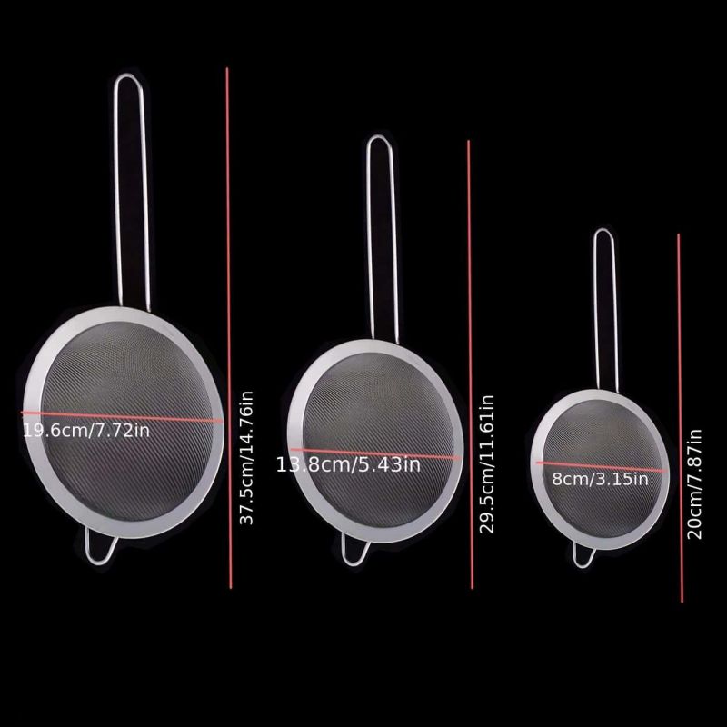 Set  of 3 finmaskig sil rostfritt stål finskummare matsil med långt handtag köksredskap