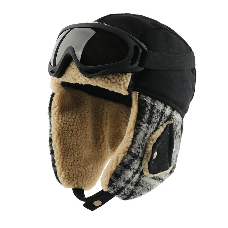 Camoland plaid bomber hat til mænd kvinder øreklap russisk ushanka kasket med beskyttelsesbriller termisk imiteret berber fleece trapper pilot hat