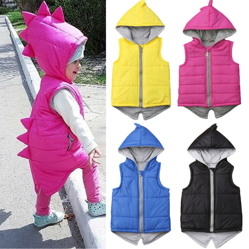 Princess Kids Baby Girl Autumn Winter Dinosaur Hooded Cotton-padded Sleeveless Vests Jacket Waistcoat Coat Outwear