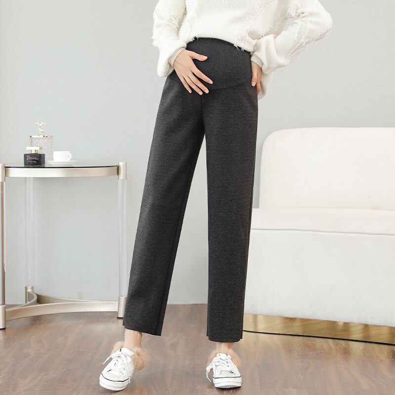 Autumn Winter Pregnant Women Work Pants Solid Color High Waist Maternity Belly Trousers Office Lady Empire Turnip Pants: Autumn Dark grey / L