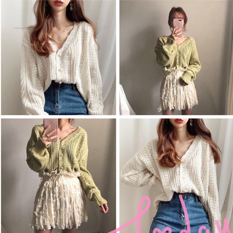 Kvinder netto rød sweater frakke kvindelig v-hals forår og efterår koreansk studerende hule top løs strikket cardigan