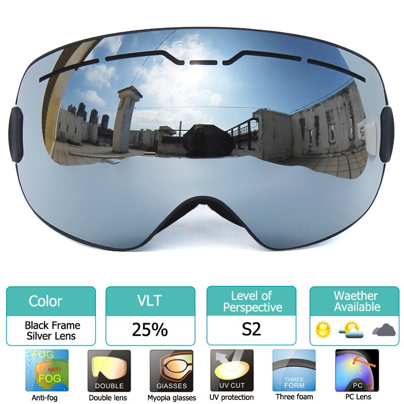 Uv400 anti-condens skibrillen met dubbele laag, grote lenzen, skibrillen met grote frame, sneeuwbrillen voor mannen, snowboardbrillen met spiegelcoating: Zwart zilver