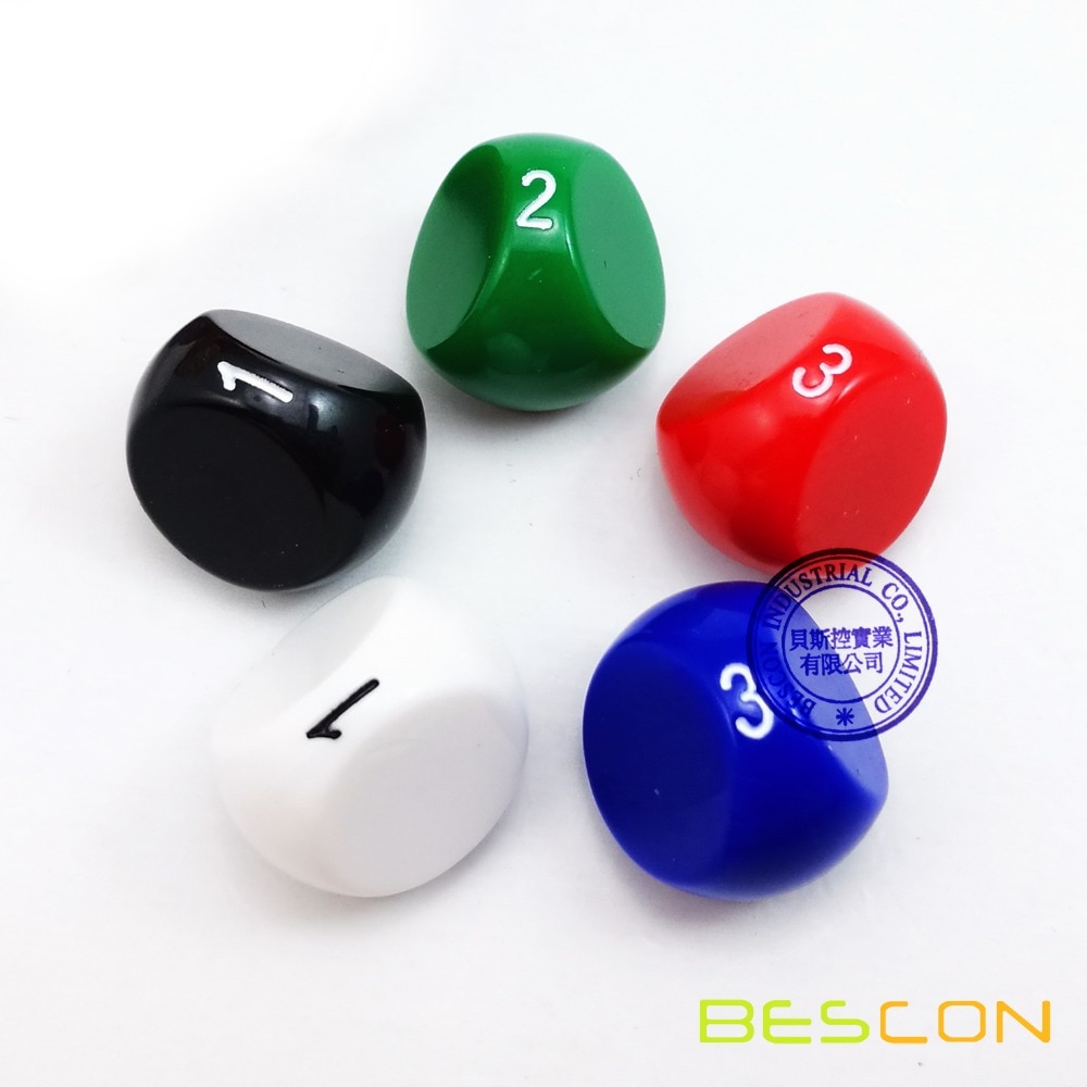 Bescon Style Polyhedral Dice 3-sided Gaming Dice, D3 die, D3 dice, 3 Sides Dice, 3 Sided Cube, 5 Assorted Opaque Color