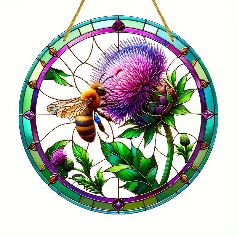 Encantador atrapasol de cardo escocés en ventana redonda pintada translúcida colgante para el hogar, porche, granja, decoración de Patio: 40 x 30 cm / Verde agua