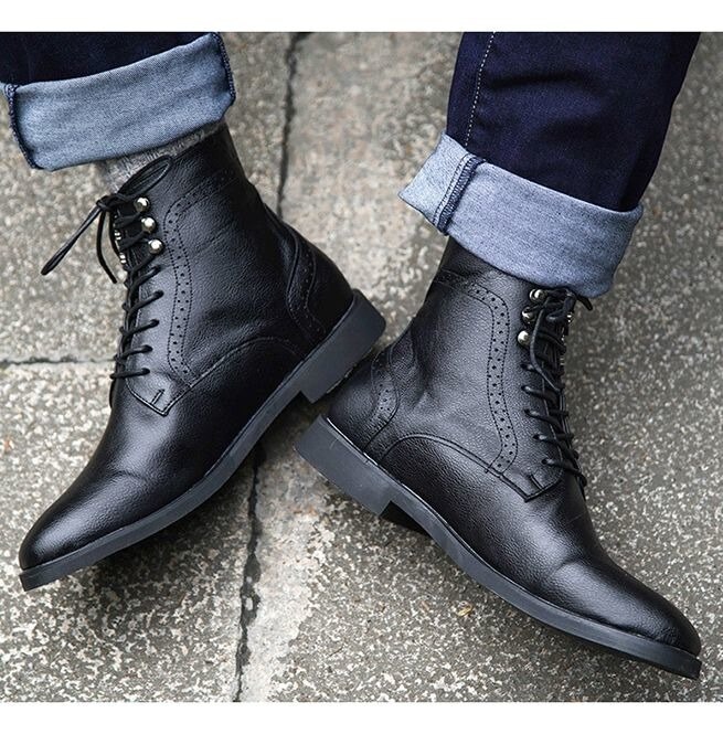 Botas de cuero sintético con tacón bajo para hombre, zapatos informales de encaje, con punta redonda, estilo Martin, 4M024: black / 38