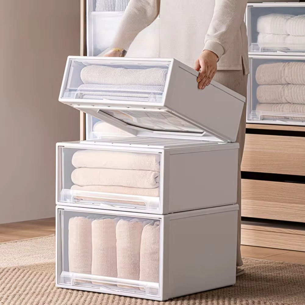 Kleiderschrank-Aufbewahrungsbox, transparente Nachttisch-Kleiderbox mit Deckel, Haushaltsverdickung, Schubladen-Stil, stapelbarer Behälter zum Organisieren