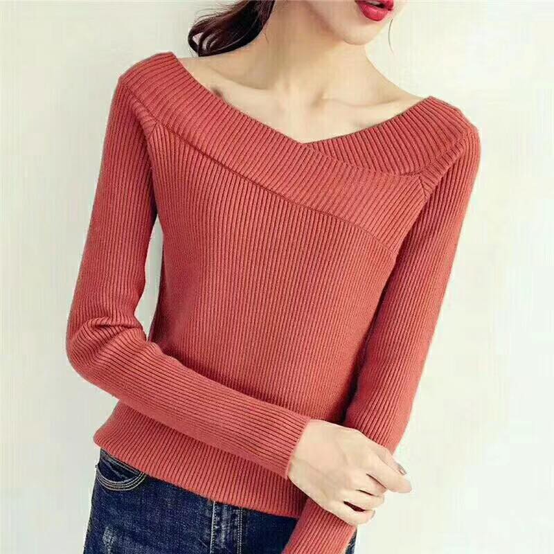 V-ringad tvinnad ryggtröja dam tröjor hösttröjor casual toppar långärmade stickade tröjor off shoulder pull femme