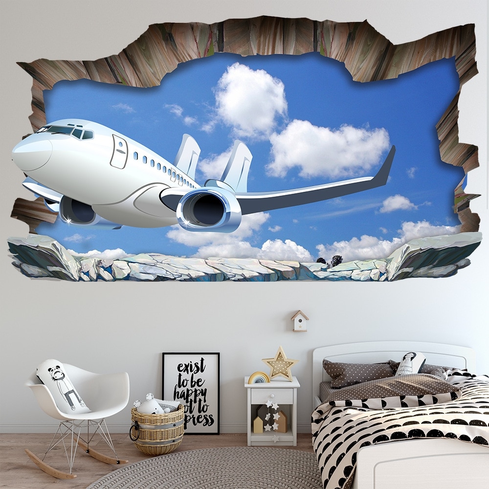 3D Aircraft Broken Wall Floor Sticker Waterproof Blue Sky White Clouds Wall Sticker For Bathroom Kids Rooms Home Decor Art Mural: Default Title