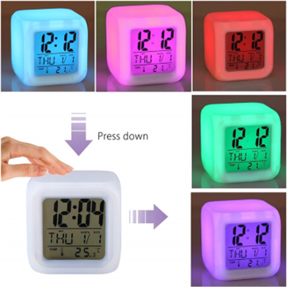 Multifunctionele 7 Kleur Change Led Digitale Wekker Met Datum Alarm Thermometer Desktop Tafel Cube Wekker Night Glowing