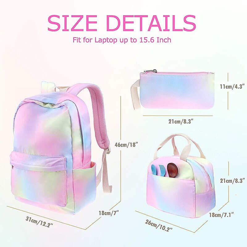 Regenboog Rugzak Set 3-In-1 Kids Schooltas Waterbestendig Laptop Rugzak Lunch Tas Etui voor Tiener Meisjes Womens