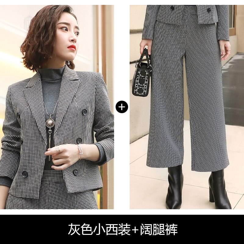 Geruit kort pak wijde pijpen broek tweedelig dames herfst klassiek damespak temperament kleding: 1 / Xxxl
