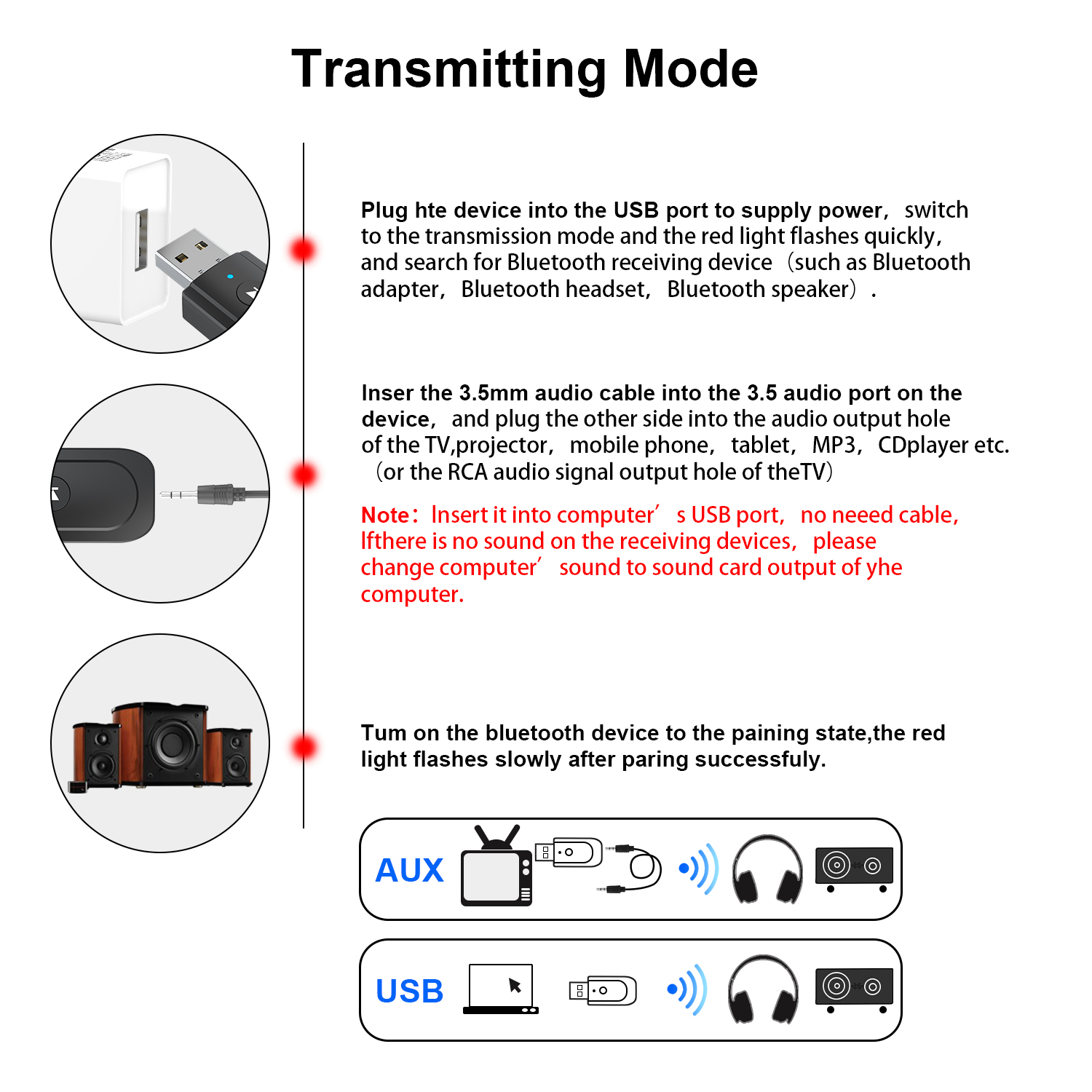 3 in1 USB Bluetooth 5.0 Audio Adapter Trasmettitore Ricevitore per il Telefono TV PC Auto AUX Stereo Senza Fili di Musica USB Spreader