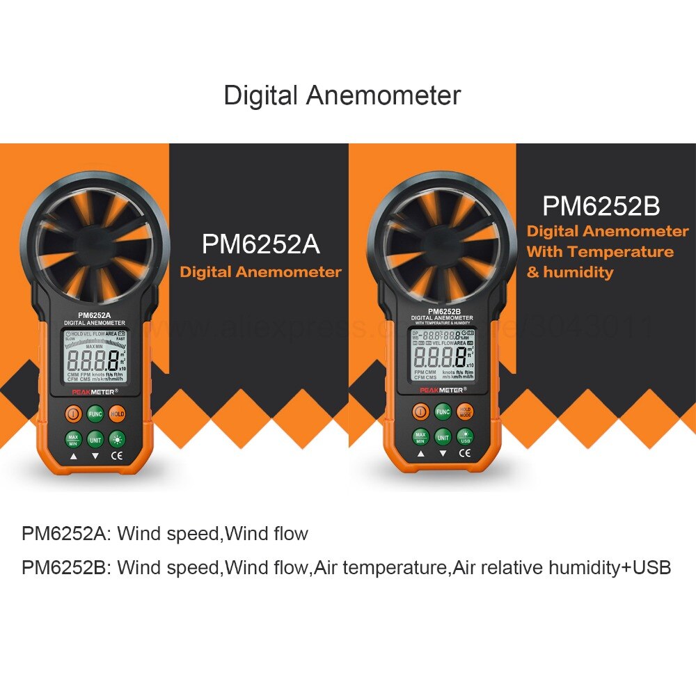 Handheld Digital Anemometer USB Multifunction Air Velocity/Temperature/Relative Humidity/Air Flow Digital Thermal Anemometer