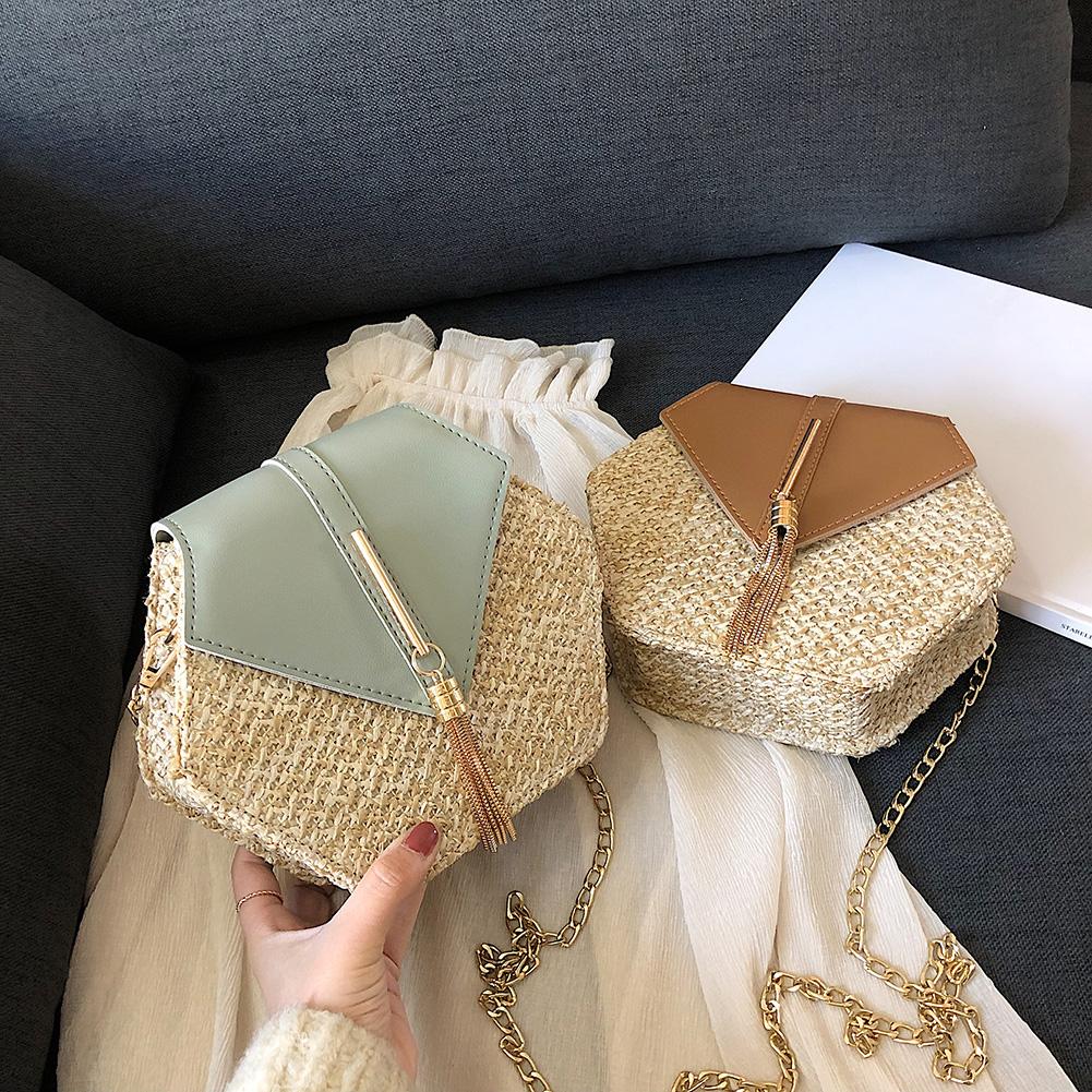 Hexagon mulit stil halm+pu kedja budväskor dam sommar rotting handgjorda vävda strand boho väskor bolso feminina