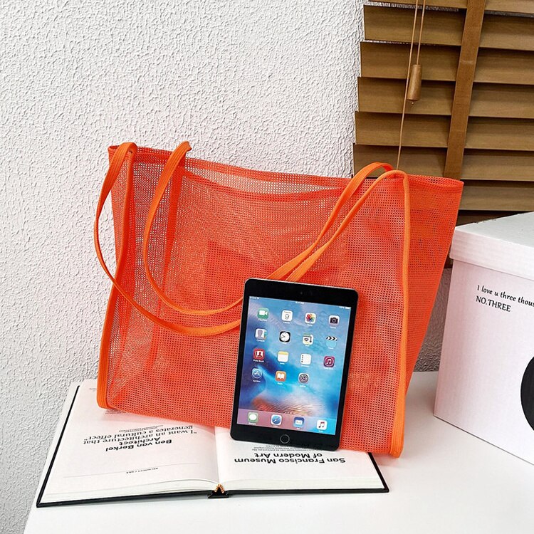 Mode Zomer Vrouwen Mesh Strandtassen Vrouwelijke Grote Schoudertas Shopper Bag Effen Kleur Dames Opvouwbare Casual Tote Oranje Handtassen