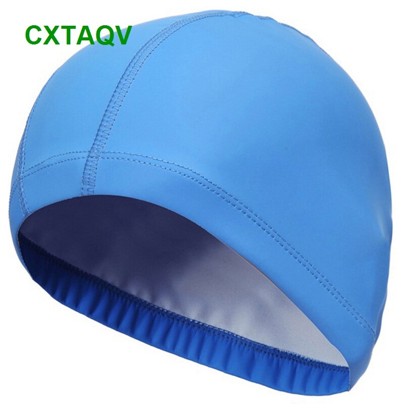 Comfortable Fit Adult Men Women Blank Swimming Cap Elastic Waterproof PU Fabric Protect Ears & Long Hair Swim Pool Hat: Blue