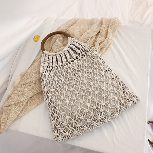 Vintage handtassen met houten handvat voor dames, rieten geweven holle damestassen, grote tassen, casual zomer strandtas, grote reistas: Wit