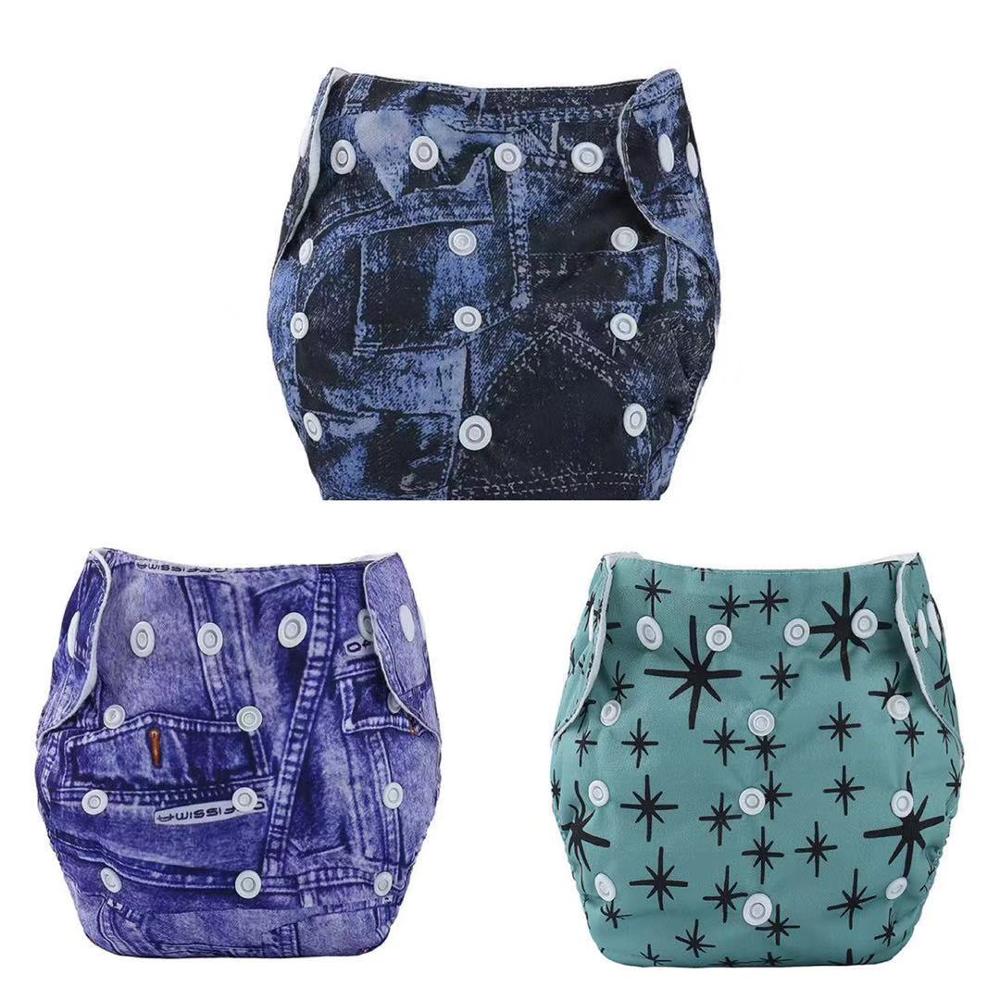 3pcs/lot Baby Cloth Diaper Reusable Washable Printed Infant Nappies Adjustable Diaper Cover with Star Prints Suede Inner Cloth