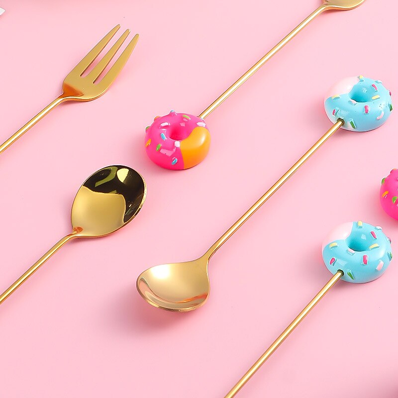 Donut Fork Spoon Stainless Steel Doughnut Dessert Fruit Forks Honey Coffee Stirring Spoon Baby Kid Cutlery Dinnerware Accessorie